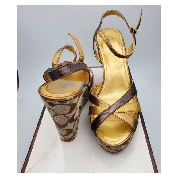 Vintage Coach Metalic Leather Logo Wedge Sandal size 8 - Picture 1 of 10